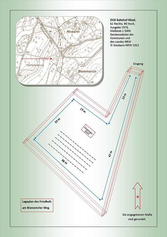 Lageplan des jüdischen Friedhofs am Blomericher Weg in Ratingen (2015).