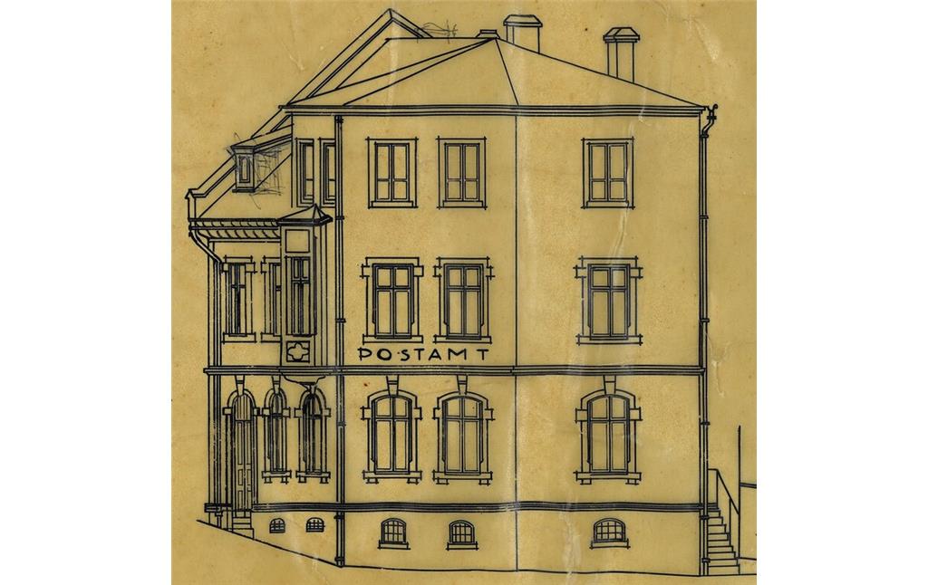 Zeichnung des ehemaligen Postamts in der Marktstraße 2 in Kaub, Seitenansicht (um 1910)