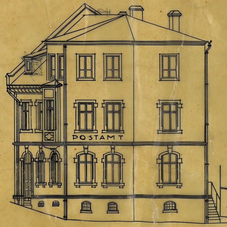 Zeichnung des ehemaligen Postamts in der Marktstraße 2 in Kaub, Seitenansicht (um 1910)