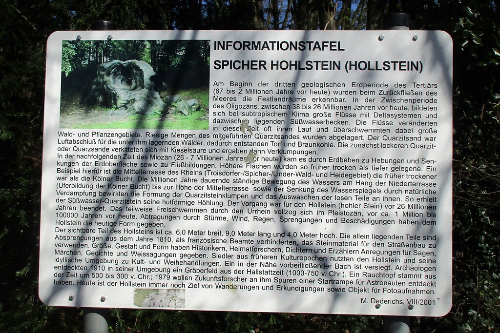 Renovierte Informationstafel zum Quarzitblock Spicher Hohlstein in Troisdorf-Spich (2020).