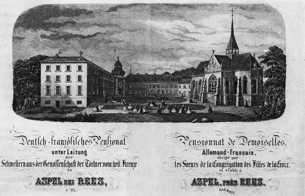 Historische Anzeige von vor 1871, die zweisprachig in deutsch und französisch für das Pensionat in Haus Aspel bei Rees wirbt.