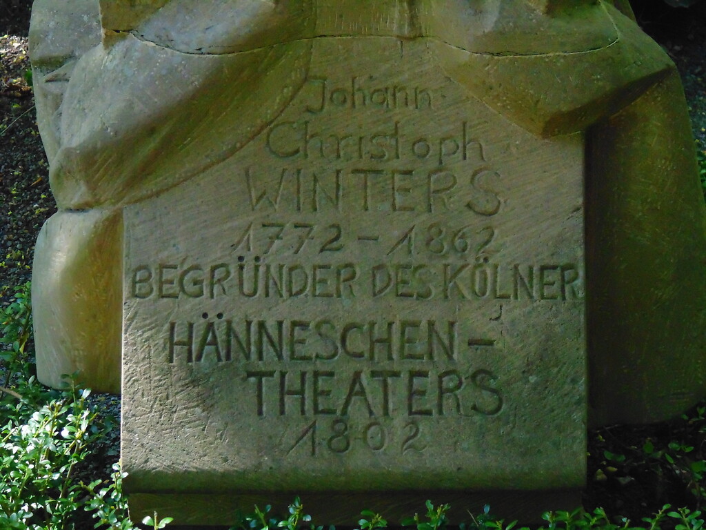 Inschrift der Gedenkskulptur für Johann Christoph Winters, dem Gründer des Hänneschen-Theaters, auf dem Kölner Friedhof Melaten (2020).