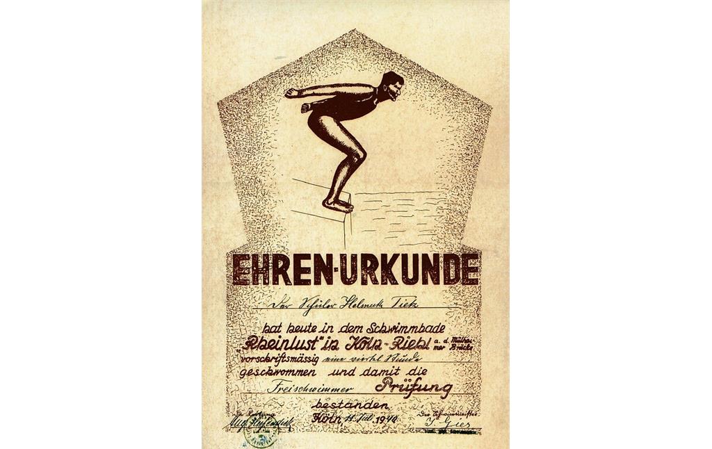 Riehler Schwimmbäder: Ehrenurkunde eines 1940 im Schwimmbad "Rheinlust" erworbenen Freischwimmer-Abzeichens.