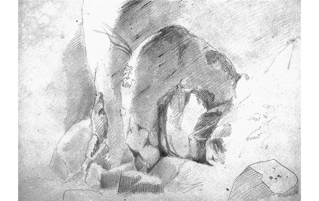 Die Bleistiftzeichnung von Friedrich August de Leuw aus dem Oktober/November 1841 zeigt einen Felsen mit Höhleneingang im Neandertal. Das Format ist 17,5 mal 13 Zentimeter.