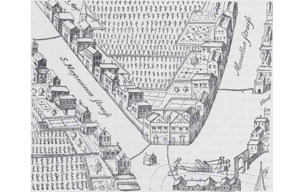 Auschnitt aus dem historischen Stadtplan von Köln des Arnold Mercator (1570/71): Gleich mehrere der Kölner "Kettenhäuschen" sichern den Bereich der damaligen Sankt Maximinen- und Marzellenstraße.