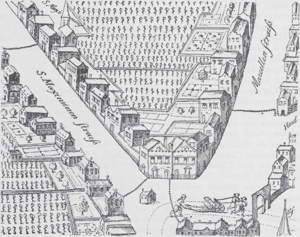 Auschnitt aus dem historischen Stadtplan von Köln des Arnold Mercator (1570/71): Gleich mehrere der Kölner "Kettenhäuschen" sichern den Bereich der damaligen Sankt Maximinen- und Marzellenstraße.