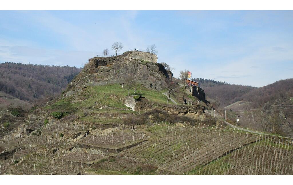 Die Burgruine Saffenburg bei Mayschoß steht inmitten von Weinbergen auf einer 253 Meter über NN befindlichen Anhöhe (2021).