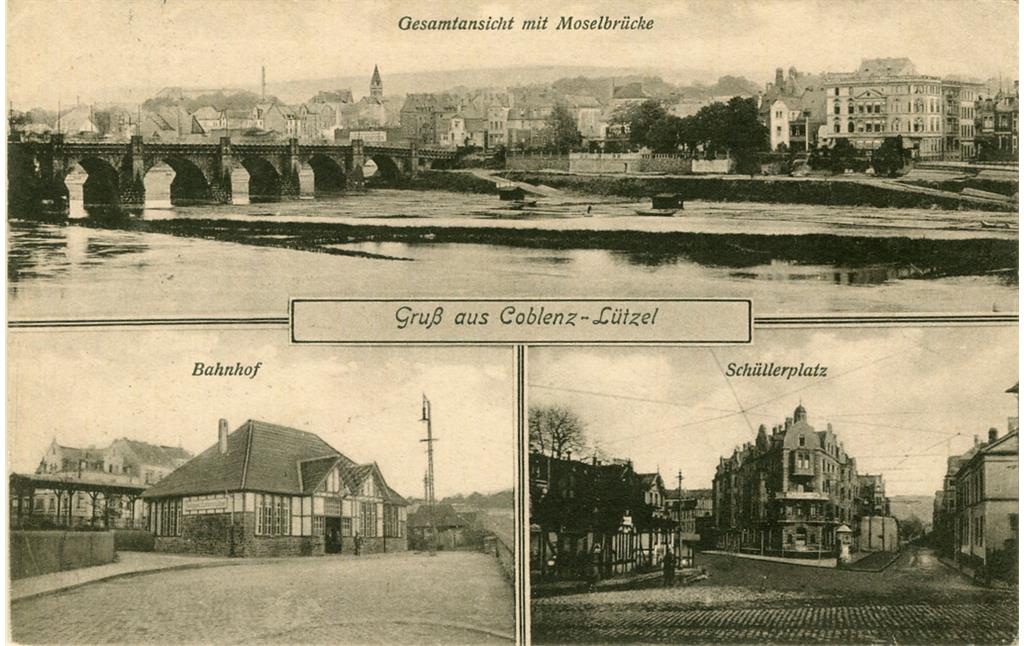Historische Feldpostkarte Coblenz-Lützel mit Gesamtansicht auf Moselbrücke (gelaufen am 1. Dez. 1916).