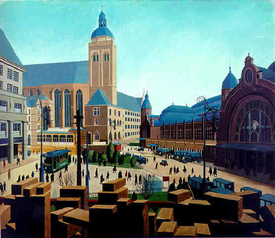 Gemälde von Carl Grossberg (1894-1940) aus dem Jahr 1927 mit dem ehemaligen Jesuitenkolleg Sankt Mariä Himmelfahrt links im Bild und dem Hauptbahnhof Köln rechts
