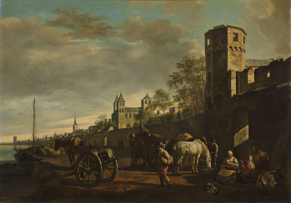 Gerrit Adriaenszoon Berckheyde: Ansicht des Rheinufers bei Köln zwischen 1654 und 1698, Öl auf Leinwand.