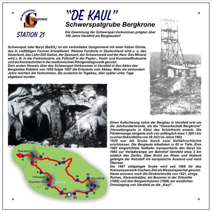 Informationstafel: Geschichtsstraße Abschnitt 1: Route Uersfeld-Gunderath, Station 21 Schwerspatgrube "De Kaul".