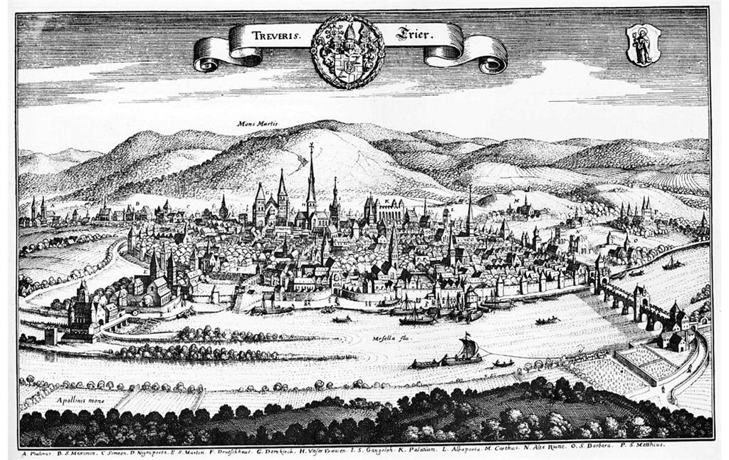 Ansicht von Trier ('Treviris') vor dem Petersberg ('Mons Martis') auf einem Stich von Matthäus Merian (1646).