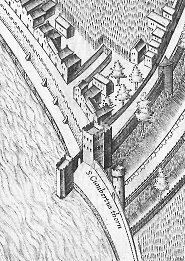 Wachturm Ark, Kunibertsturm und Kunibertstürmchen der mittelalterlichen Kölner Stadtmauer auf dem Kölner Stadtplan von Arnold Mercator (1570/71)