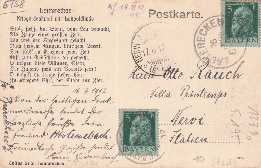 Postkarte Rückseite Kriegerdenkmal (1912).