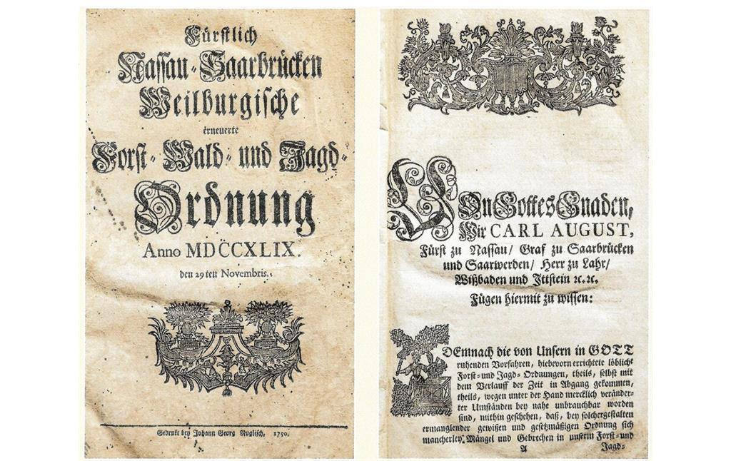 Titelseite und Widmung der Fürstlich Nassau-Saarbrücken Weilburgischen erneuerten Forst- Wald- und Jagd-Ordnung (1750) der fürstlichen Oberjägerei in der Neumayerstraße in Kirchheimbolanden (2023)