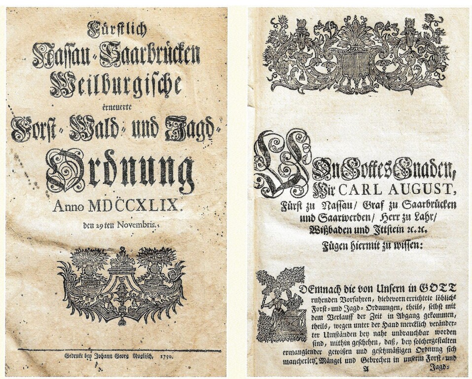 Titelseite und Widmung der Fürstlich Nassau-Saarbrücken Weilburgischen erneuerten Forst- Wald- und Jagd-Ordnung (1750) der fürstlichen Oberjägerei in der Neumayerstraße in Kirchheimbolanden (2023)