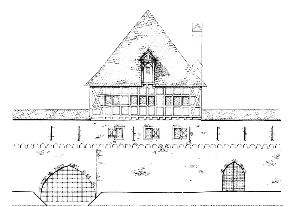 Rekonstruktionszeichnung des Alten Rathauses in Dausenau von der Lahnseite aus (1978)