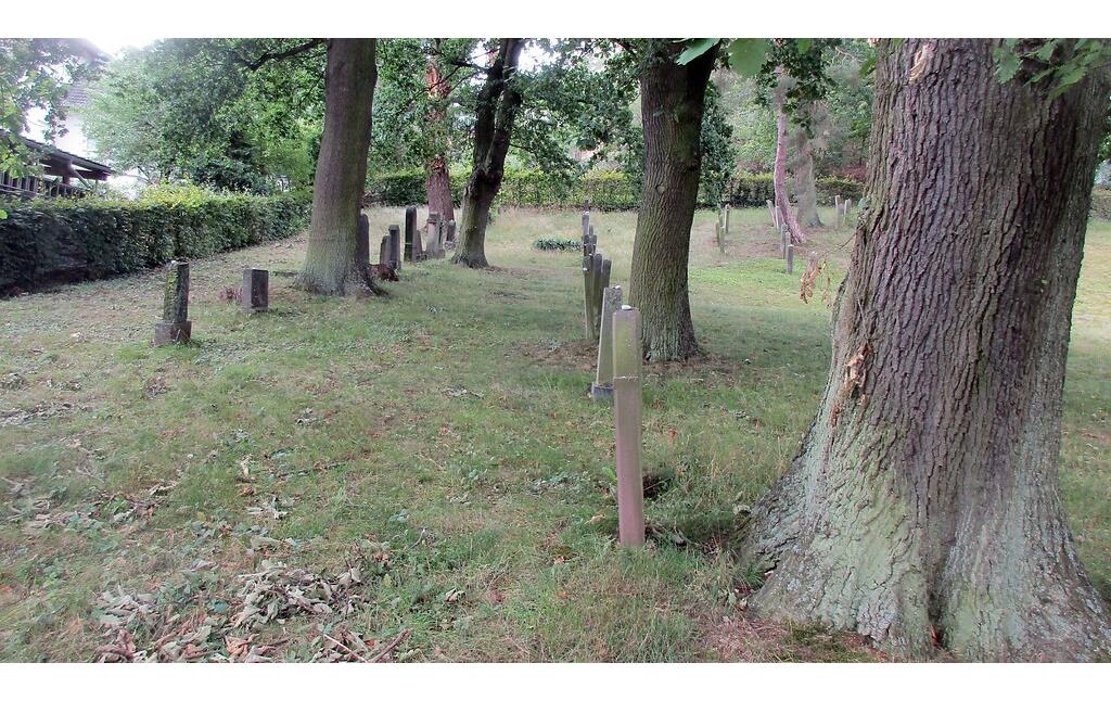 Blick über die östlich gelegenen Gräberreihen des jüdischen Friedhofs Kommern (2020).