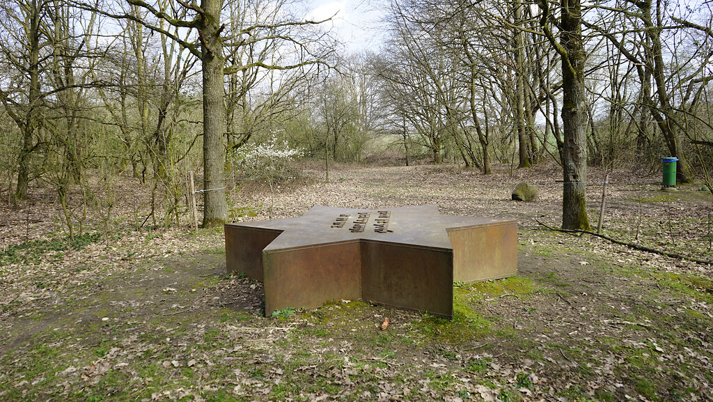 Jüdischer Friedhof Rosellerheide in Neuss-Rosellen (2021), vor Ort erinnert ein 1992 errichteter metallener Davidstern des Künstlers Anatol Herzfeld (1931-2019) an die früher hier gelegenen Grabstätten.