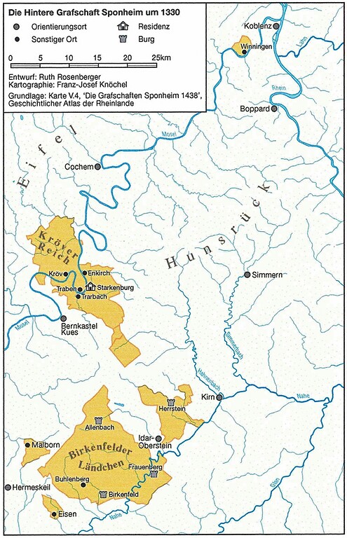 Thematische Karte "Die Hintere Grafschaft Sponheim um 1330" mit den zugehörigen Territorien bei Winningen, "Kröver Reich" bei Kröv / Traben-Trarbach und "Birkenfelder Ländchen" bei Birkenfeld / Idar-Oberstein; in die Karte eingezeichnet sind die zu Sponheim gehörenden Residenzen und Burgen (2002).