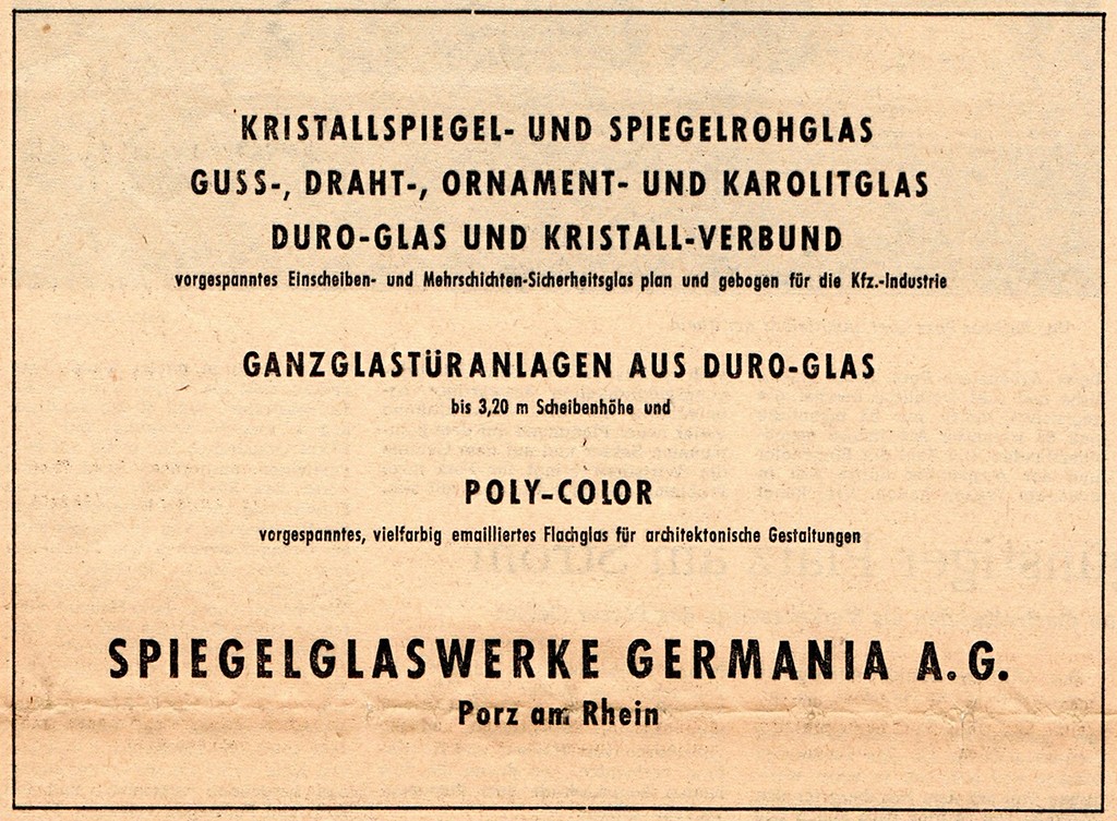 Werbeanzeige der Spiegelglaswerke Germania A.G. in Porz am Rhein (1957).