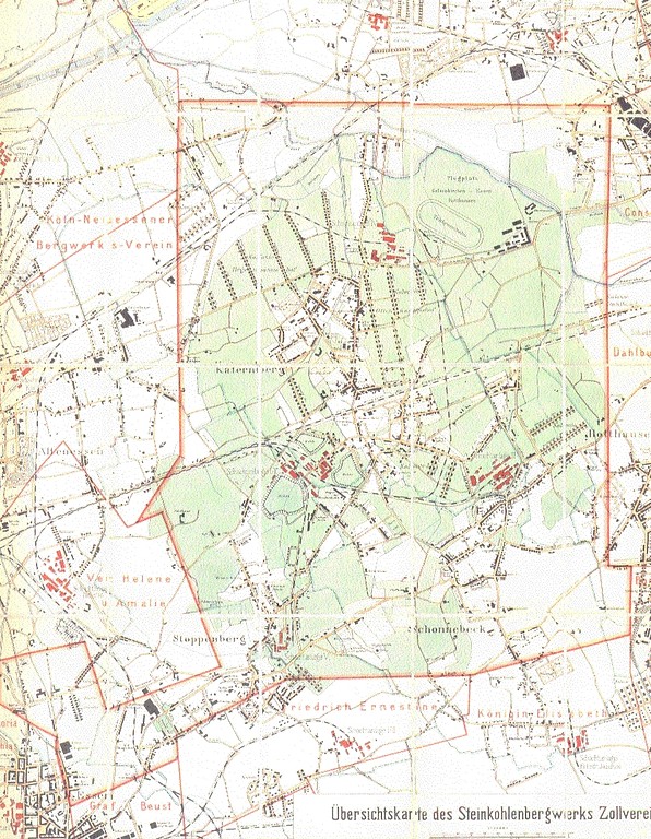 Grubenfeld der Zeche Zollverein mit Bauten der Schachtanlagen, Siedlungen und der umgebenden Orte, um 1910