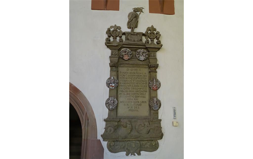 Epitaph für Amalie von Geispitzheim an der Südwand des zweiten Jochs von Osten in der Alexanderkirche in Zweibrücken (2018).