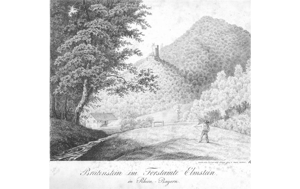 Burgruine Breitenstein bei Esthal: Lithographie der Burgruine Breitenstein (um 1830).