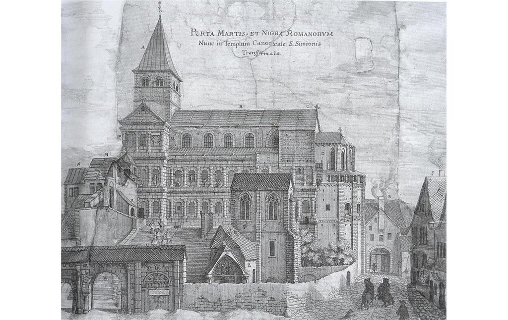 Die Doppelkirche des Chorherrenstifts St. Simeon in der Trierer Porta Nigra auf einem Stich von Caspar Merian (1627-1686) aus dem Jahr 1670.