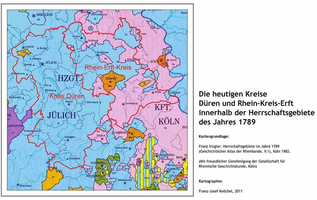 Karte der Landkreise Rhein-Erft-Kreis und Düren in den Gebieten von 1789 (2011).