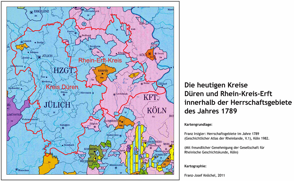 Karte der Landkreise Rhein-Erft-Kreis und Düren in den Gebieten von 1789 (2011).