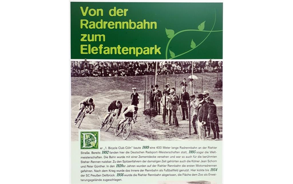 Informationstafel "Von der Radrennbahn zum Elefantenpark" im Zoologischen Garten Köln-Riehl (2020).