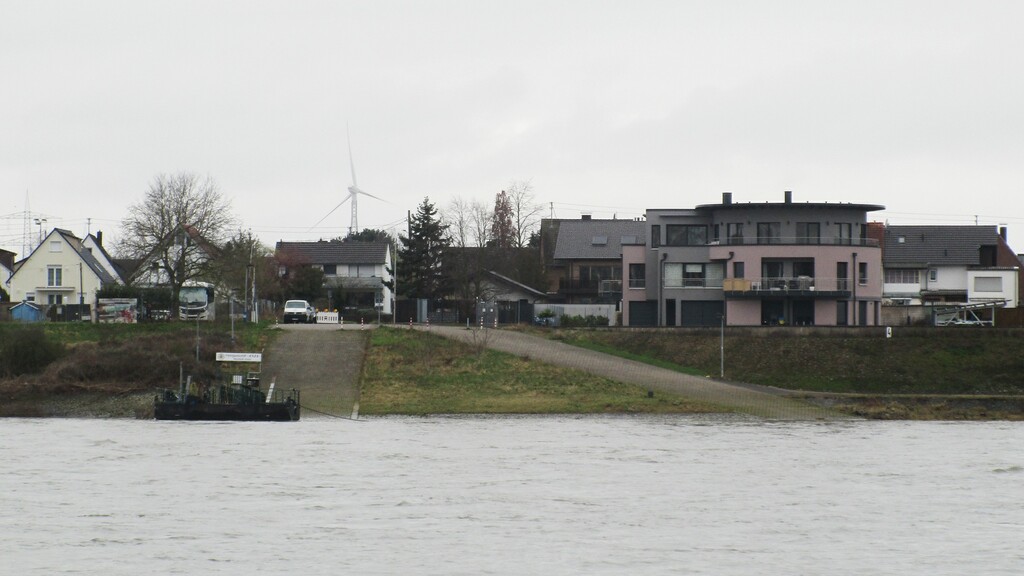 Blick von Rheidt aus auf das gegenüberliegende Bornheim-Widdiger Rheinufer mit der Ersatzübergangsstelle über den Rhein, der so genannten "NATO-Rampe" zwischen Bornheim und Niederkassel-Rheidt (2024).