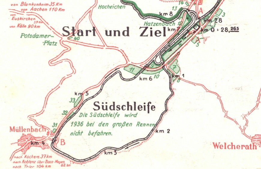 Ausschnitt der historischen Karte "Der Nürburgring" von 1936. Zu sehen ist die 7,747 Kilometer lange "Südschleife" südwestlich des Start- und Zielbereichs der Rennstrecke.