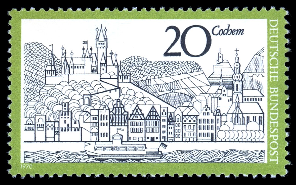 Schematische Darstellung der Stadtsilhouette von Cochem an der Mosel mit der Reichsburg auf einer Briefmarke der Serie "Fremdenverkehr" der Deutschen Bundespost von 1970.