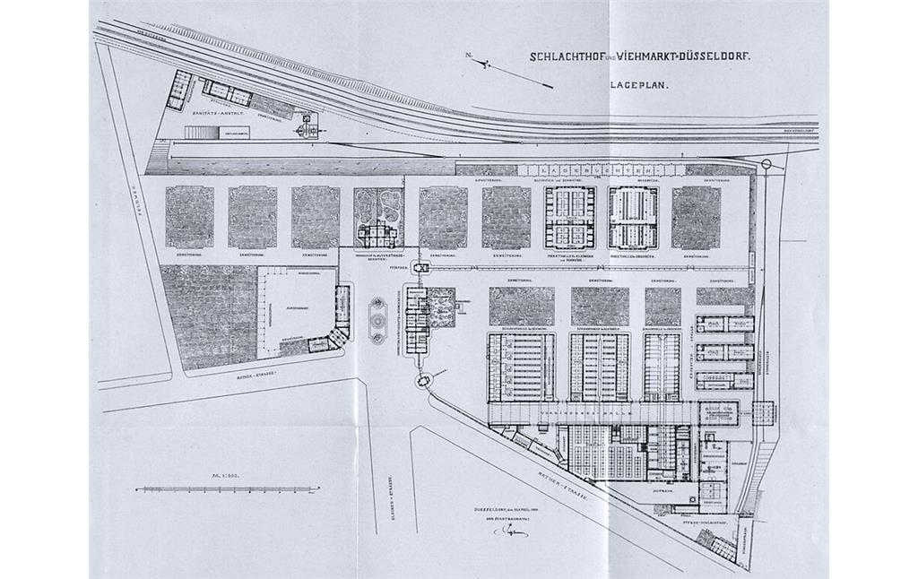 Historischer Lageplan "Schlachthof und Viehmarkt Düsseldorf" vom 27. April 1898, erstellt vom Stadtbaurat Carl Peiffhoven.