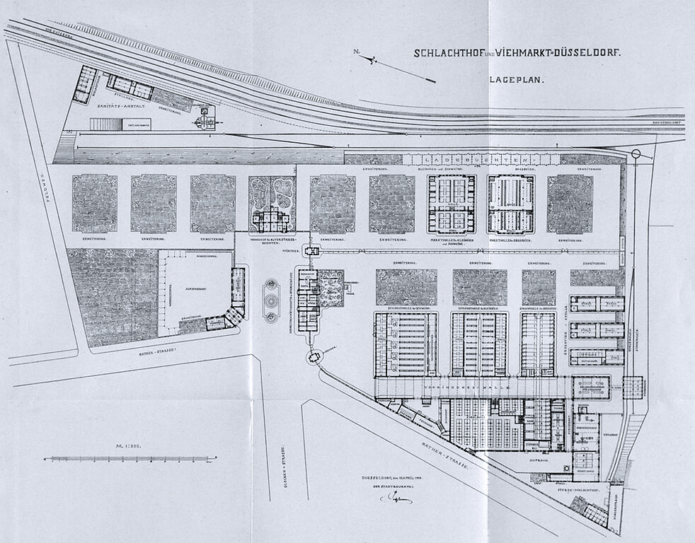 Historischer Lageplan "Schlachthof und Viehmarkt Düsseldorf" vom 27. April 1898, erstellt vom Stadtbaurat Carl Peiffhoven.