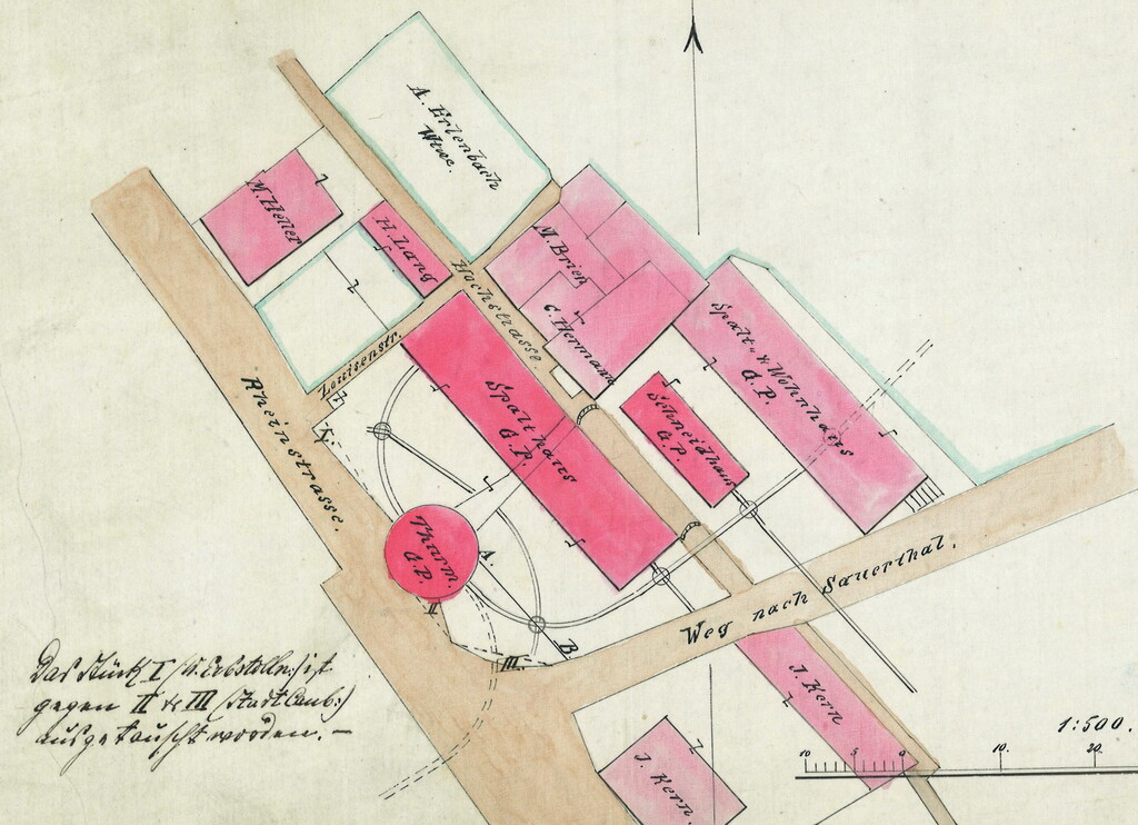 Situationsplan des Gebäudekomplexes Wilhelm-Erbstollen in Kaub zur Zeit der Gebrüder Puricelli (nach 1870)