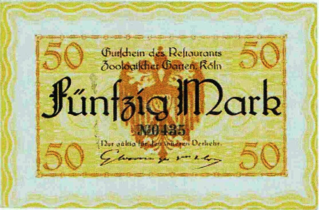 Notgeld-Gutschein über 50 Mark des Zoologischen Gartens Köln in Riehl. Der vermutlich während der Inflationszeit 1923 gedruckte Gutschein konnte im Zoo-Restaurant eingelöst werden.