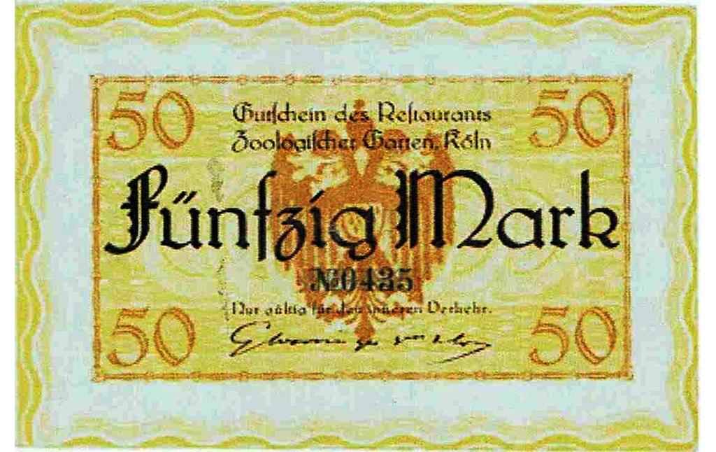Notgeld-Gutschein über 50 Mark des Zoologischen Gartens Köln in Riehl. Der vermutlich während der Inflationszeit 1923 gedruckte Gutschein konnte im Zoo-Restaurant eingelöst werden.