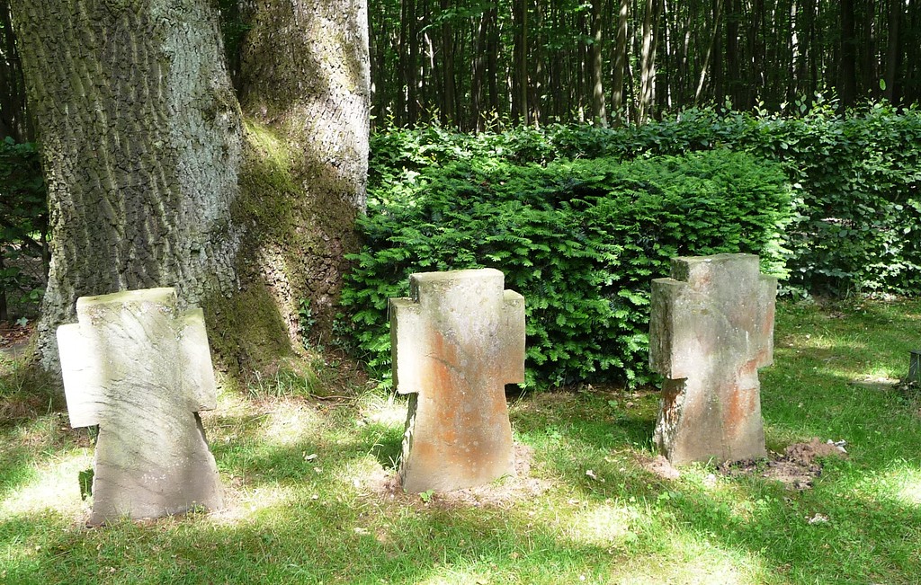 Grabkreuze auf dem Friedhof des Kriegsgefangenenlagers "Hoffnungsthal" bei Rösrath, heute "Ehrenanlage Kalmusweiher" (2014)