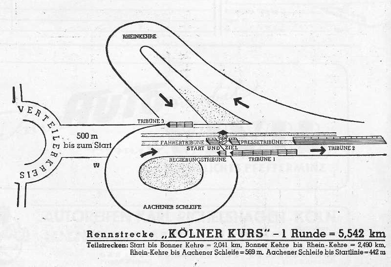 Teil eines zeitgenössischen Plans der Motorsportrennstrecke "Kölner Kurs", die 1948 und 1949 auf Teilstücken der Köln-Bonner Autobahn A 555 angelegt wurde. Hier der Start- und Zielbereich mit verschiedenene Tribünen an der "Aachener Schleife" (heute Autobahnkreuz Köln-Süd).