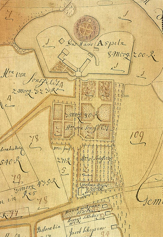 Lageplan von Haus Aspel im Jahr 1733 auf einem Ausschnitt des Kartenwerks des Klevischen Katasters.