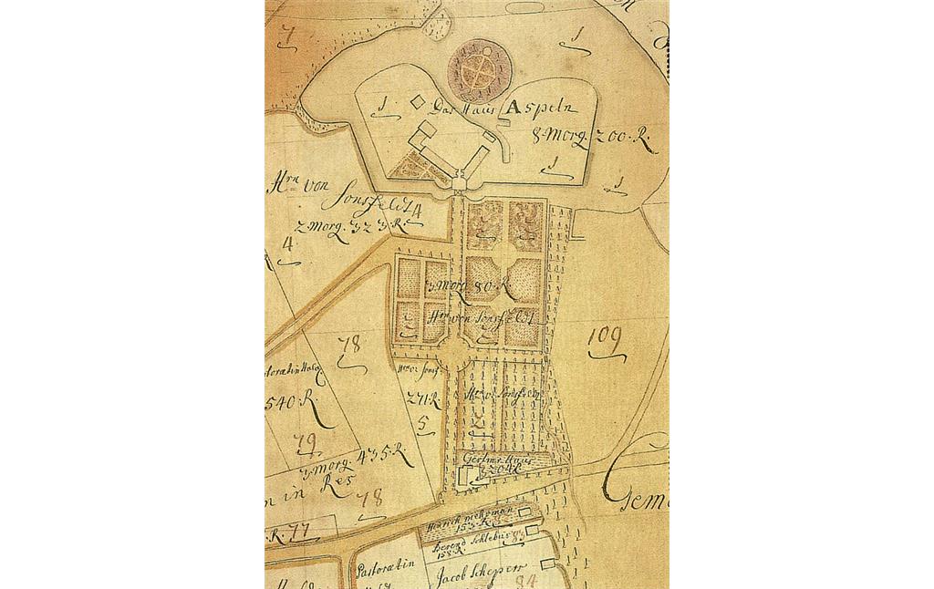 Lageplan von Haus Aspel im Jahr 1733 auf einem Ausschnitt des Kartenwerks des Klevischen Katasters.