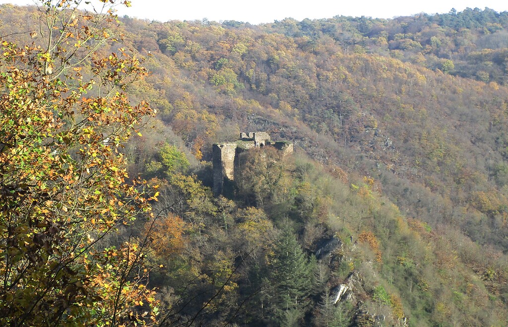 Blick  von Nordosten auf die Burgruine Trutzeltz oberhalb des Elzbachs (2020).
