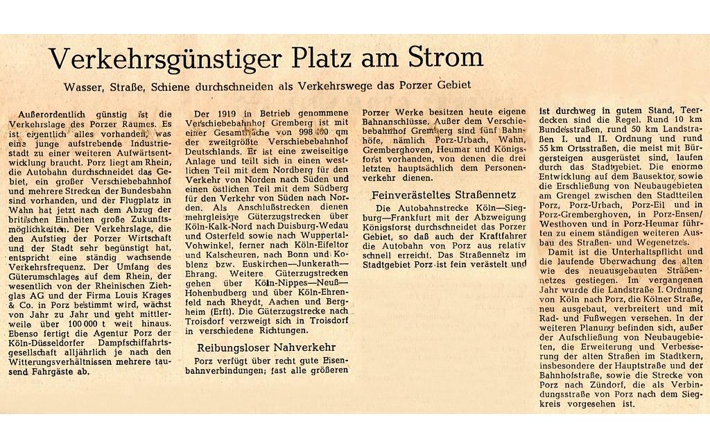 Zeitungsartikel "Verkehrsgünstiger Platz am Strom" zu den Verkehrswegen im Gebiet von Porz (1957).