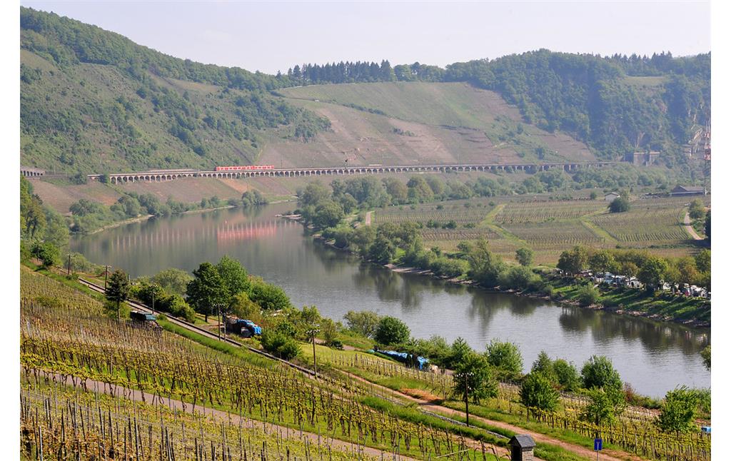 Das von Weinbaulagen umgebene längste Hangviadukt Deutschlands gegenüber der Ortschaft Pünderich an der Mosel (2010).