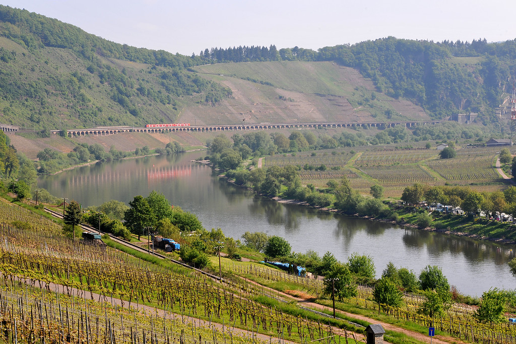 Das von Weinbaulagen umgebene längste Hangviadukt Deutschlands gegenüber der Ortschaft Pünderich an der Mosel (2010).
