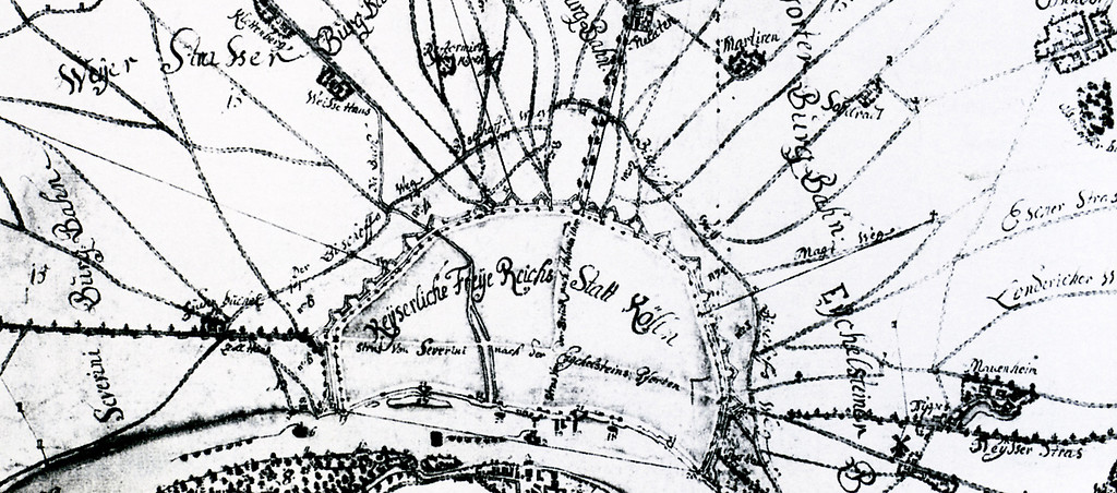 Ausschnitt der "Schweid(t)karte" oder "Cöllnischer Schweidt" von 1609 des Abraham Hogenberg; die Karte zeigt die "Keyserliche Freye Reichs Statt Kölln" samt Umland und Vororten.