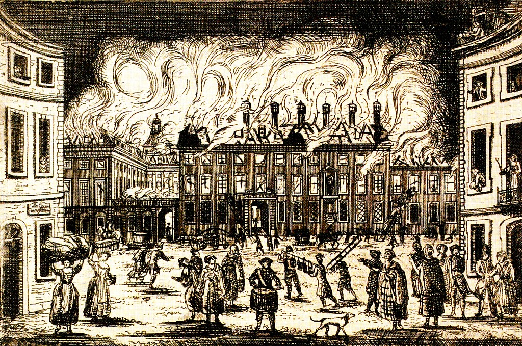 Eine Radierung von François Rousseau von etwa 1780 zeigt den Brand des kurfürstlichen Schlosses in Bonn im Jahr 1777 von der heutigen Fürstenstraße aus gesehen. In der Bildmitte befindet sich der sogenannte Ferdinandbau mit seinen hohen, gemauerten Kaminen.